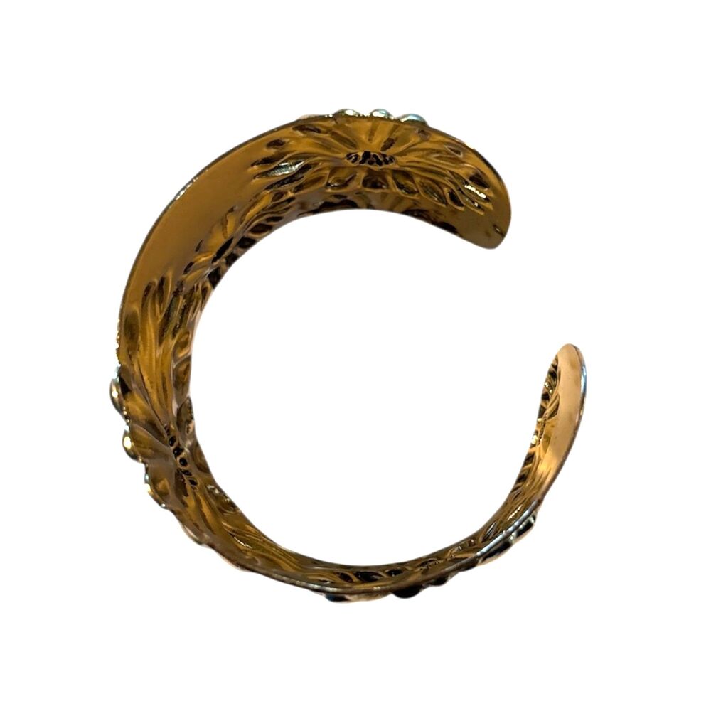 Gold Floral Daisy Cuff Bracelet Raised Design Adjustable - Picture 3 of 8